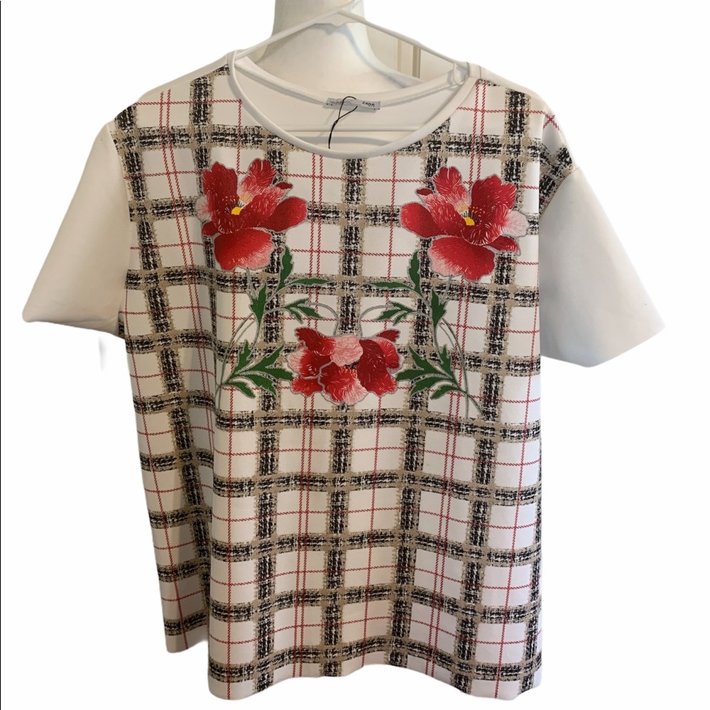 Zara Short Sleeve Plaid Floral Print Top Sz XXL